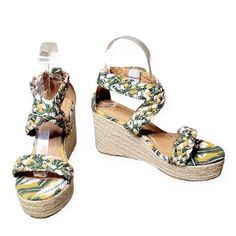 New Without Box Never Worn Tropical Print Espadrille Wedge Adjustable Buckle And Ankle Straps Size 6 Shoes Yellow, Espadrille Wedge, Wedge Espadrille, Ankle Straps, Womens Shoes Wedges, Espadrilles Wedges, Shoes Shoes, Tropical Print, Green Yellow