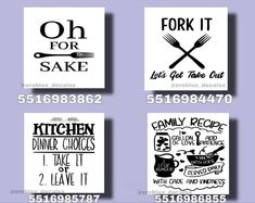 four different kitchen signs with forks and spoons on the same sign, one is for sale