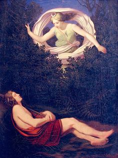 a painting of a woman laying on the ground with an angel hovering above her head