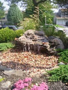 a garden with rocks and flowers in it