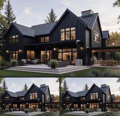 this is an artist's rendering of a modern farmhouse style home in the woods