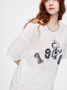 Details: Short sleeve cotton blend tee in white Crew neck Contrast ribbed collar and hem 1986 Mr. Robot embroidery on front Materials & Care: 100% Cotton Hand wash | Dry clean Do not bleach Size & Fit: Model is 5'7", Bust 32, Waist 24, Hips 35, wearing a size S Item #: LL2SY07 Casual Pointelle Knit T-shirt For Spring, Casual Pointelle Knit T-shirt For Summer, Oversized T-shirt With Ribbed Neckline For Spring, Oversized Cotton Short Sleeve Knit Top, Oversized Cotton Knit Top With Short Sleeves, White Short Sleeve Knit Top With Ribbed Neckline, White Knit Top With Ribbed Neckline, White Knit Top With Ribbed Neckline And Short Sleeves, White T-shirt With Ribbed Neckline And Relaxed Fit