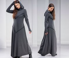 "Plus Size Maxi Dress, Hooded Dress, Boho Winter Dress ♠ This sleek maxi length dress will easily become your favorite for the season! Featuring a shawl hood, extra long sleeves with thumb hole cuffs and an asymmetric hem, this piece feels unique, yet minimalist. The soft cotton blend material hugs the body and compliments it at all the right places. ♠ Sizes The model on the picture is wearing size S. Have a look at my Size Chart below to make sure your piece will fit you best. ** PLEASE provide Black Hooded Dress For Fall, Boho Winter Dress, Hooded Maxi Dress Outfit, Fall Dress Women, Oversized Hooded Winter Dress, Hooded Sweatshirt Dress With Drawstring Hood, Winter Kaftan, Winter Cotton Sweatshirt Dress With Drawstring Hood, Boho Dress Winter