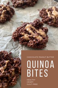 chocolate peanut butter quinoa bites on a sheet of wax paper with text overlay