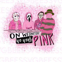 three people in pink are wearing masks and one is holding a drink with the other hand