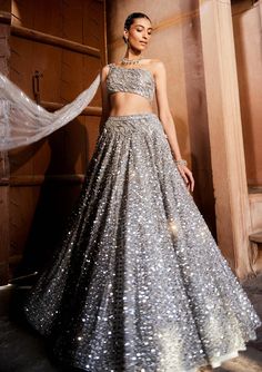 Prevasu-Gray Embellished Lehenga And Blouse-INDIASPOPUP.COM Indian Wedding Dress Traditional, Grey Lehenga, Lehenga And Blouse, Reception Outfit, Mirror Embroidery, Asymmetrical Cut, Indian Wedding Wear, Traditional Indian Wedding, Embellished Blouse