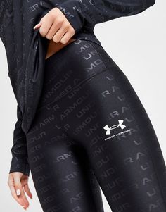 Rep a JD exclusive style in the gym with these women's Emboss All Over Print Tights from Under Armour. Landing in a Black colourway with an all-over tonal branded print, these body-hugging tights are cut from an ultra-smooth and stretchy poly fabric for comfort whether you're running or squatting. They feature an elastic waistband to keep you supported and are signed off with the UA logo to the thigh. Machine washable. | Our model is 5'8" and wears a size small. Print Tights, Printed Tights, In The Gym, Jd Sports, Emboss, All Over Print, Under Armour, Tights, Gym