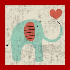 an elephant with a red heart on it's tail is holding a balloon in its trunk