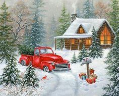 a painting of a red truck parked in front of a cabin on a snowy day