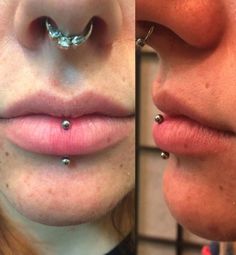 two pictures of the same woman's nose with different piercings