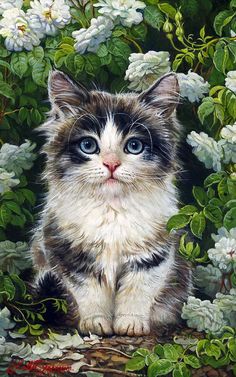 a painting of a cat sitting in front of some white flowers and greenery with blue eyes