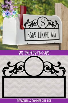 a mailbox with the name and address on it, next to an image of a sign