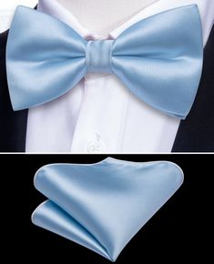 Solid Light Blue Bow Tie and Pocket Square Blue Bow Tie For Summer Business Events, Blue Summer Bow Tie For Business, Classic Blue Bow Tie For Wedding, Blue Bow Tie For Wedding And Father's Day, Classic Blue Bow Tie For Groom, Elegant Light Blue Bow Tie For Formal Occasions, Elegant Light Blue Formal Bow Tie, Blue Standard Bow Tie For Groom, Elegant Light Blue Suit And Tie Accessories For Wedding