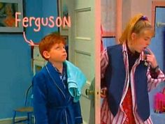 two young children standing in front of a door wearing pajamas and vests, one with the word ferguson written on it