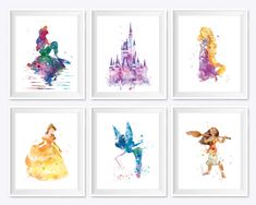 four watercolor disney princess prints in various sizes and colors, each with their own silhouettes