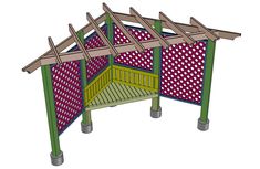 an outdoor play structure with wooden posts and pergolated panels on the roof, in front of a white background