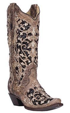 Corral Women's Brown & Black Sequin Inlay with Embroidery & Studs Western Snip Toe Boots Wedding Dress With Cowboy Boots, White With Glitter, Cowgirl Boots Wedding, Ankle Cowboy Boots, Womens Cowgirl Boots, Wedding Boots, Handcrafted Boots, Corral Boots, Fashionable Snow Boots