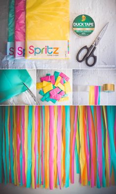 colorful streamers are being used to make this diy wall art project with duct tape