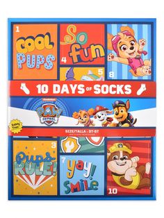 Paw Patrol Toddler 10 Days of Socks, 10-Pack, Sizes 2T-5T The PAW Patrol 10 Days of Socks Advent Calendar is perfect for giving. This gift pack of socks makes a great early present to count down the days until Christmas. It comes with 10 pairs of socks, with each pair housed in a separate closed section of the gift box so the recipient can be surprised with a different pair each day leading up to Christmas. The sock set includes 10 pairs of quarter socks, with an array of PAW Patrol-themed graph Tmnt Kids, Socks Advent Calendar, Interactive Gifts, Boys Slippers, Quarter Socks, Store Icon, Paw Patrol Nickelodeon, Boys Socks, Holiday Gift Box