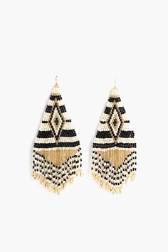 Hand Beaded Earrings in Geometric Pattern Elegant black gold and white For those who like to colour outside of the lines, this piece will reflect your out of the box personality with great grace. Add a pop of style to your everyday look with our Bohemian Tassel Earrings. The eye-catching design is sure to make heads tu Hand Beaded Earrings, Fun Arts And Crafts, Boho Glam, Light Earrings, Personalized Letters, Bird Earrings, Feather Light, Vacation Style, Hand Beading