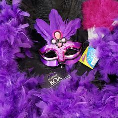 Purple Feather Mask, Elastic Strap, Never Worn; Fuschia Feather Fan Brand New; Purple Feather Boa 72" Brand New, Never Used Purple Feather Boa, Village Drawing, Unicorn Mask, Halloween Purple, Fake Teeth, Feather Mask, Crochet Eyes, Cap Sleeve Tee, Purple Feather