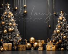 christmas trees with presents and gold balls in front of a black background