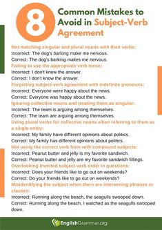 a poster with the words 8 common mistakes to avoid in subject - verbb agreement