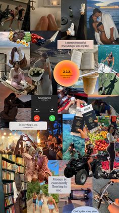 the collage shows many different pictures and people in various places, including an open book