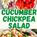 this is an image of cucumber chickpea salad with text overlay