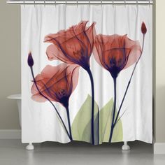 the shower curtain has three red flowers on it