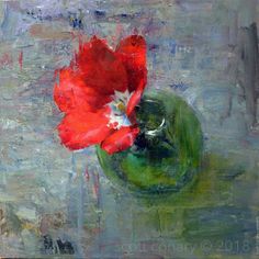 a painting of a red flower in a green vase