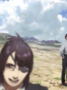 two anime characters standing in the desert with one holding his hand on his hip and the other looking at him