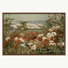 an oil painting of flowers in front of the ocean