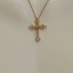 14 kt Yellow gold and .20ct diamond cross necklace 18" Gold And Diamond Cross Necklace, Gold Necklace For Quince, Good Cross Necklace, Gold Cross Necklace Aesthetic, Cross Necklace Aesthetic, Golden Cross Necklace, Gold Necklace Cross, Gold Cross Necklace For Women, Catholic Cross Necklace