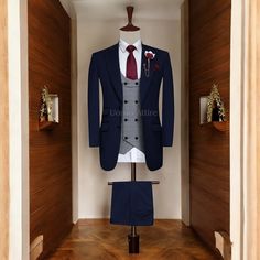 Elevate your wardrobe with a custom-tailored navy blue three-piece suit. Experience luxury Italian craftsmanship. Navy Blue 3 Piece Suit, 3 Piece Suit For Men, Blue 3 Piece Suit, Blue Three Piece Suit, Black Tuxedo Suit, Waistcoat Designs, Prince Coat, Sherwani Groom, Blue Tuxedos