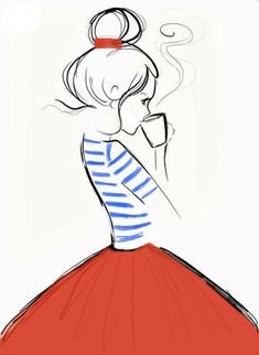 a drawing of a woman in a red skirt and striped shirt with her hand on her face