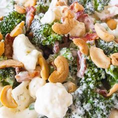 broccoli and cauliflower salad with cashews is shown close up