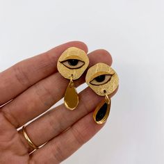 Oracle Gold Stud Earrings - Etsy Hand Painted Gold Metal Jewelry, Hand Painted Gold Jewelry For Party, Artsy Gold Brass Earrings, Gold Hand Painted Earrings For Party, Hand Painted Gold Earrings For Party, Party Hand Painted Gold Earrings, Modern Gold Enamel Earrings, Modern Gold Earrings With Enamel, Handmade Gold Enamel Earrings