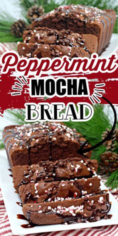 peppermint mocha bread with chocolate frosting and sprinkles on top