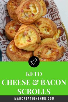 keto cheese and bacon rolls on a plate with text overlay that reads keto cheese and bacon scrolls