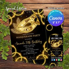 masquerade party flyer with gold mask on black background and greenery around it