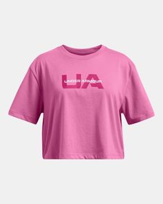 Super-soft, cotton-blend fabric provides all-day comfort|Ribbed collar|Drop hem shoulder for oversized fit & feel|Cropped body length Kids Athletic, Under Armour Girls, Hanging With Friends, Shirts For Leggings, Girls Jacket, Girls Long Sleeve, Branded T Shirts, Shirts For Girls, Long Tops