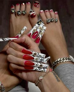 Exotic Valentines Nails, Red Funky Nails, Gangster Nails, Xxxl Nails, Lipstick Nails Design, Lipstick Nails, Curved Nails, Retro Nails