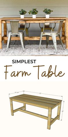 the plans for a farm table are shown in two different views, with text overlaying