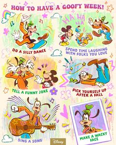 an image of cartoon characters doing different things in the air with words above them that read how to have a goofy week