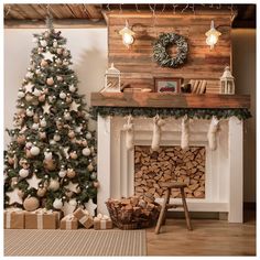 a decorated christmas tree sitting next to a fireplace