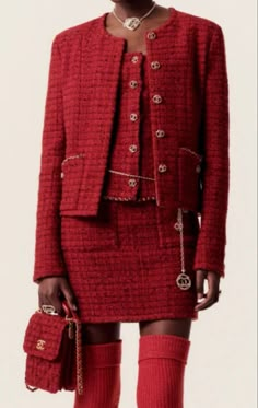 Tweed Blazer Outfit, Red Tweed Jacket, Tweed Jacket Outfit, Summer Pregnancy Outfits, Chanel Style Jacket, Chanel Tweed Jacket, Tweed Outfit, Tweed Set, Red Trousers