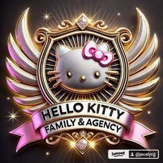 the hello kitty family and agency logo is shown in gold with pink ribbon around it