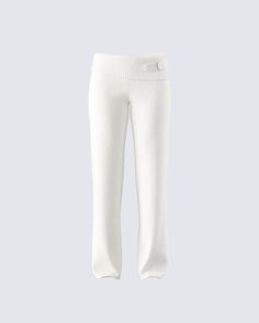 Make any day cuter and cozier with these white knit pants 🤍 Complete with a ribbed fold over top edge and wide leg fit, this piece is the perfect look for grocery store runs, self care days, and everything in between ✨ White Knit Bottoms For Fall, White Knit Wide Leg Pants, White Knit Wide-leg Pants, White Ribbed Bottoms For Fall, Cozy White Bottoms For Fall, Spring White Ribbed Pants, White Ribbed Pants For Spring, White Relaxed Fit Knit Bottoms, White Stretch Sweatpants For Lounging