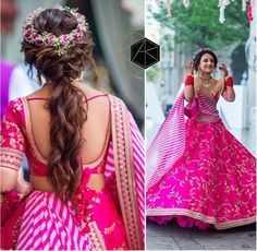 a woman wearing a pink and gold lehenga with her hair in a braid